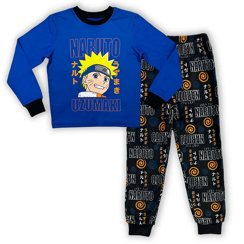 Naruto Boys 2 pc pajama set, includes long sleeve top with crew neck and cuffs with elastic band at th wrist it is a pull on closure, with long pants with elastic waist and ankles