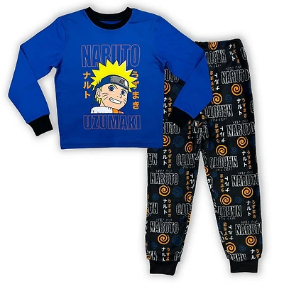Naruto Boys 2 pc pajama set, includes long sleeve top with crew neck and cuffs with elastic band at th wrist it is a  pull on closure, with long pants with elastic waist and ankles