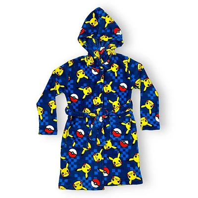 Pokemon Boy`s hooded plush long sleeve robe and  double pockets, pull on closure with ribbon belt.keep your little one snug