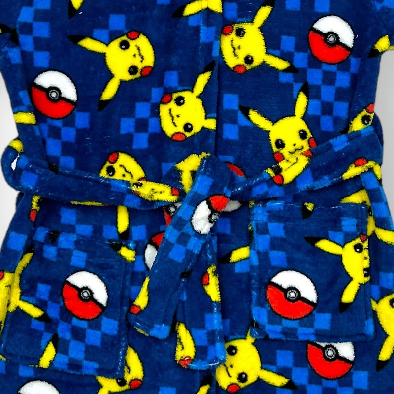 Pokemon Boy`s hooded plush long sleeve robe and  double pockets, pull on closure with ribbon belt.keep your little one snug