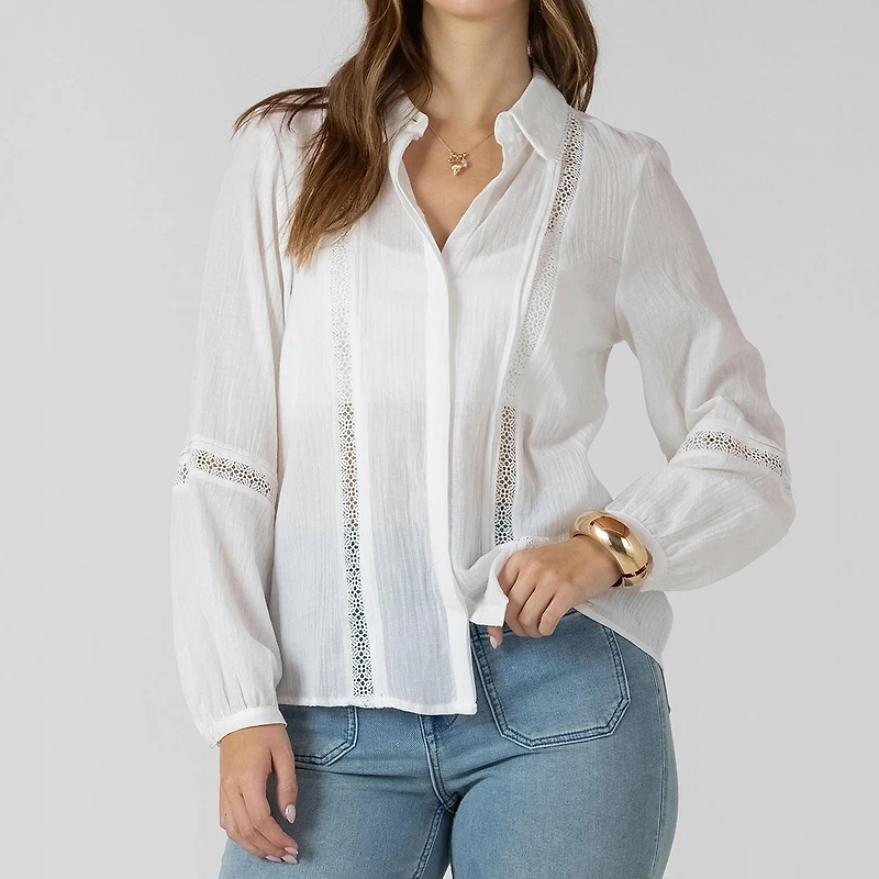 Devoted, Lace Insert Button Front Blouse, Sizes XS-XL