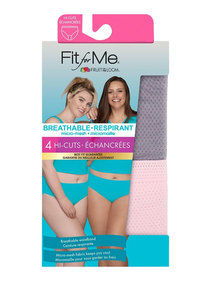 Women's Plus Fit for Me® Breathable Micro-Mesh Hi-Cut Panty, Assorted 4 Pack, S-XL