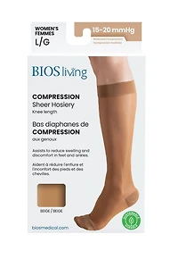 BIOS Living Compression Sheer Hosiery, Knee Length in Beige, Size Large, Moderate Compression (15-20mmHg), Compression Sheer Hosiery