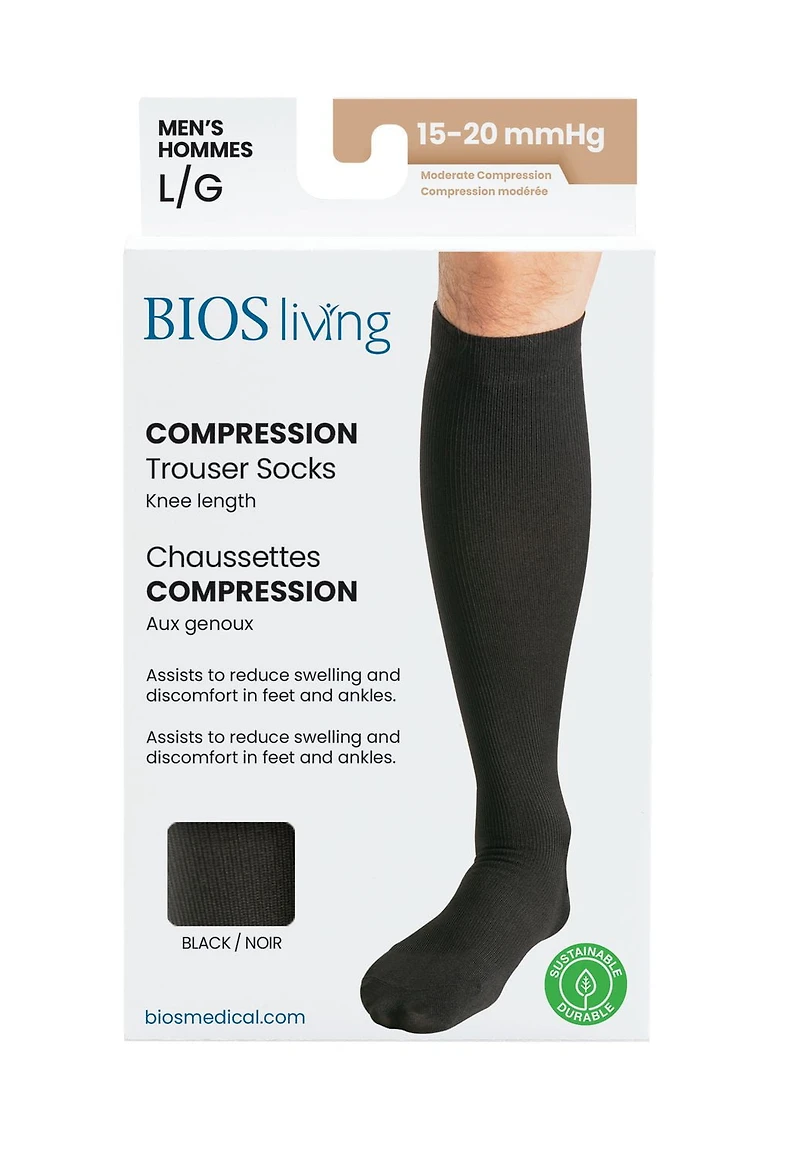 BIOS Living Compression Trouser Socks, Knee Length in Black, Size Large, Moderate Compression (15-20mmHg), Compression Trouser Socks