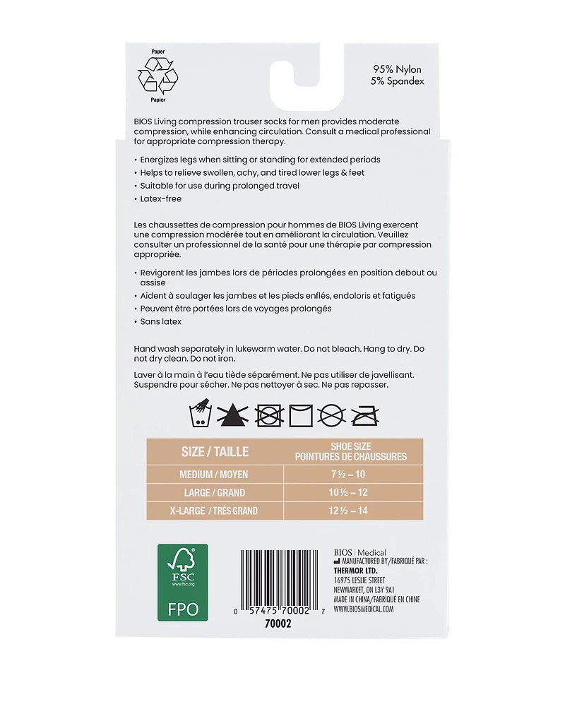 BIOS Living Compression Trouser Socks, Knee Length in Black, Size Large, Moderate Compression (15-20mmHg), Compression Trouser Socks