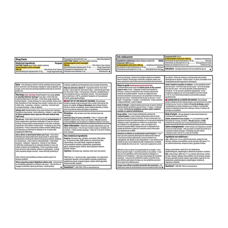 Tylenol Extra fort, Complet Rhume, toux et grippe, Duo pratique Jour/Nuit, soulage les symptômes de rhume, toux et grippe Les caplets soulagent efficacement les symptômes du rhume, de la toux et de la grippe. Boîte de 40 caplets.