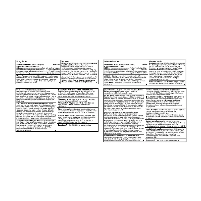 Tylenol Extra Strength Complete Cold, Cough & Flu Relief Day Caplets, 24 EA