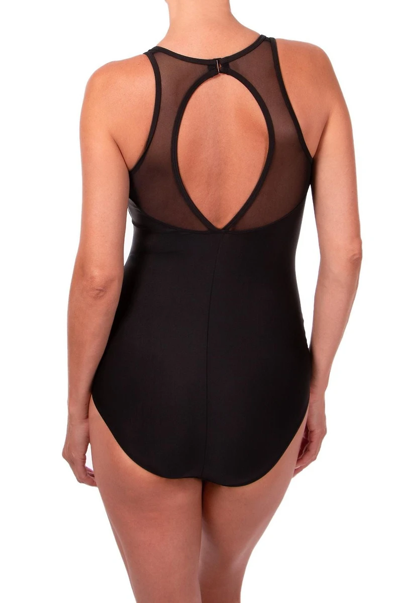 Ibiza 1-piece high neck with mesh inserts front and back, soft cups and tummy control