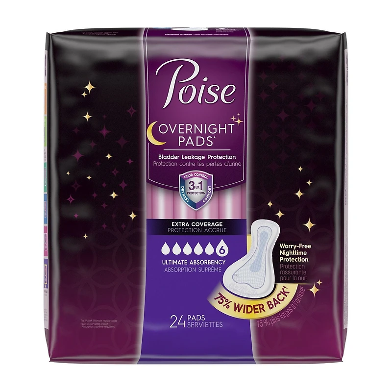 Serviettes de nuit pour incontinence Poise, absorption suprême, protection accrue, 24 serviettes