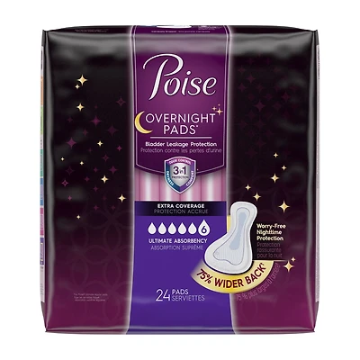 Serviettes de nuit pour incontinence Poise, absorption suprême, protection accrue, 24 serviettes