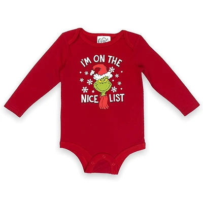 The Grinch Infant Long Sleeve Rib-knit crew neck Bodysuit, Rib-knit leg openings, with snaps along inseam for easy dressing and changing.