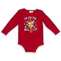The Grinch Infant Long Sleeve Rib-knit crew neck Bodysuit, Rib-knit leg openings, with snaps along inseam for easy dressing and changing.