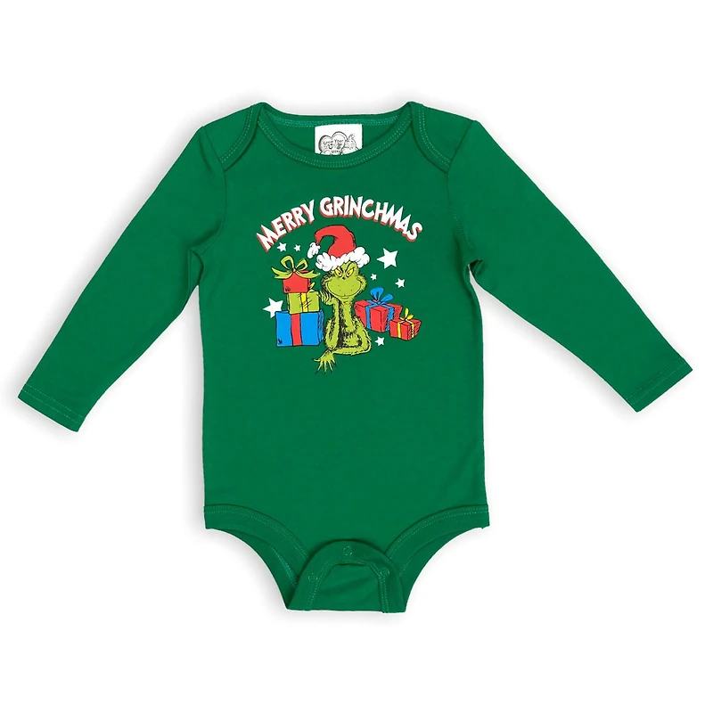 The Grinch Infant Long Sleeve Rib-knit crew neck Bodysuit, Rib-knit leg openings, with snaps along inseam for easy dressing and changing.