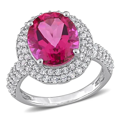 Bague à double auréole de Miabella avec 7-1/7 Carat PBT de Topaze Rose et Saphir synthétique Blanc en Argent Sterling