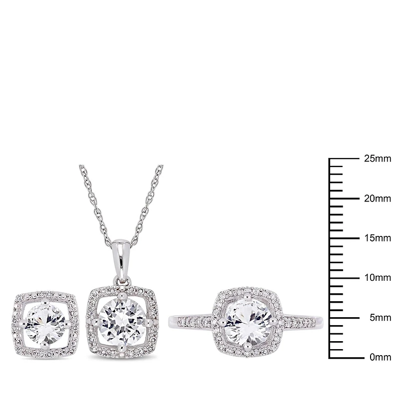Miabella 3-Piece Set 3-1/3 Carat T.G.W. Created White Sapphire and 1/3 Carat T.W. Diamond 10K White Gold Square Halo Earrings, Necklace and Ring