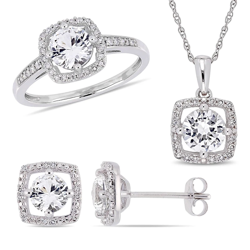 Miabella 3-Piece Set 3-1/3 Carat T.G.W. Created White Sapphire and 1/3 Carat T.W. Diamond 10K White Gold Square Halo Earrings, Necklace and Ring