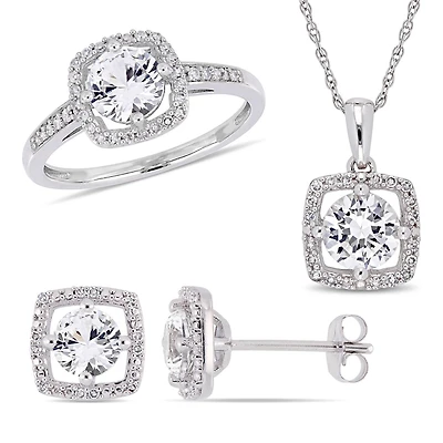 Miabella 3-Piece Set 3-1/3 Carat T.G.W. Created White Sapphire and 1/3 Carat T.W. Diamond 10K White Gold Square Halo Earrings, Necklace and Ring