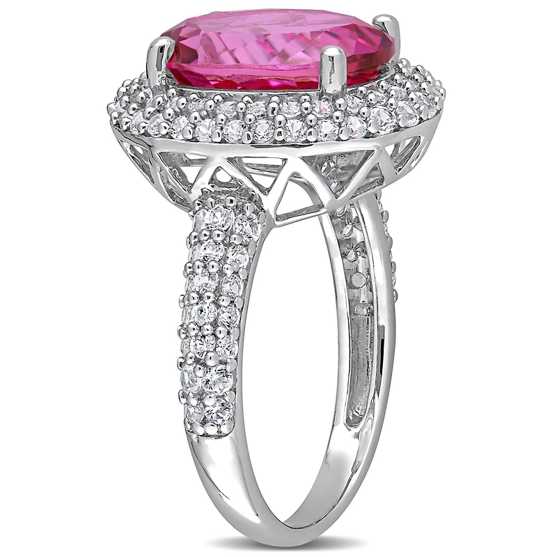 Bague à double auréole de Miabella avec 7-1/7 Carat PBT de Topaze Rose et Saphir synthétique Blanc en Argent Sterling