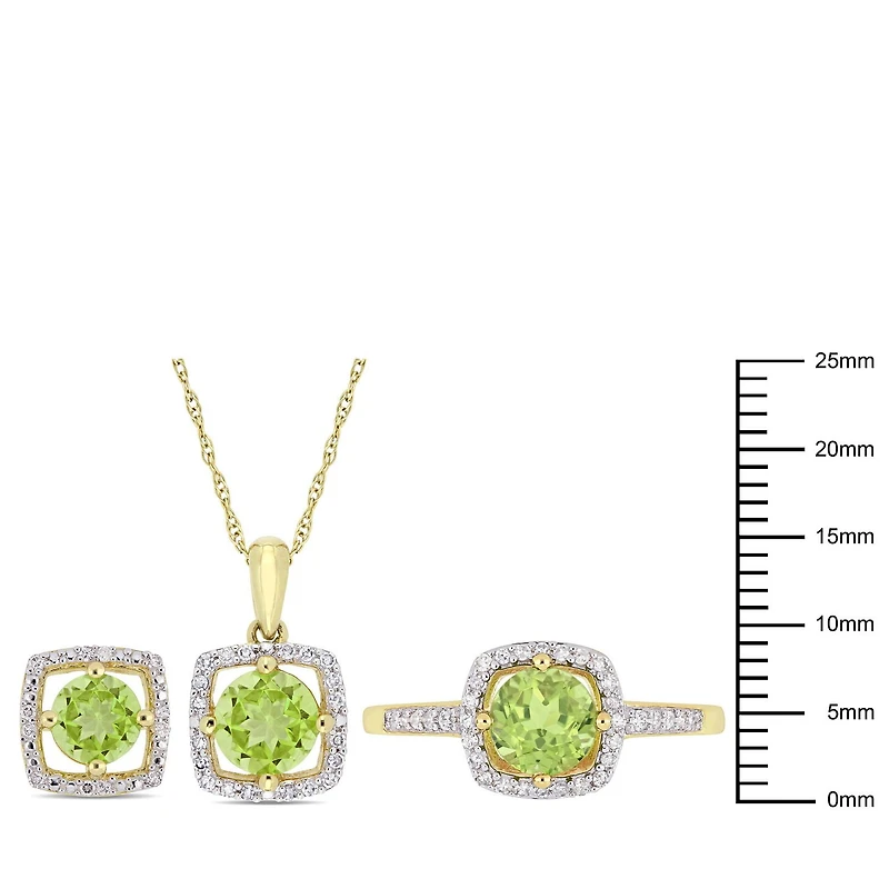 Ensemble 3PC Boucles d’oreilles, Collier et Bague carrés auréole de Miabella avec 2-7/8 Carat PBT de Péridot et 1/3 Carat Poids Total de Diamant en Or Jaune 10K