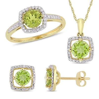 Ensemble 3PC Boucles d’oreilles, Collier et Bague carrés auréole de Miabella avec 2-7/8 Carat PBT de Péridot et 1/3 Carat Poids Total de Diamant en Or Jaune 10K