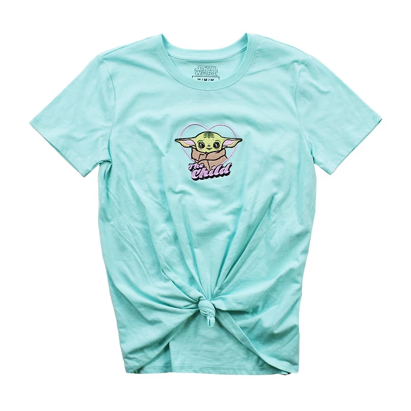 Ladies Star Wars The Mandalorian The Child Front Tie Short Sleeve Top