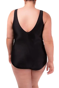 Ibiza Maillot taille plus très amincissant  avec col en V et lignes de couture princesse.Détail au dos en V est haut. Bonnets souples et panneau minceur pour un soutien supplémentaire.