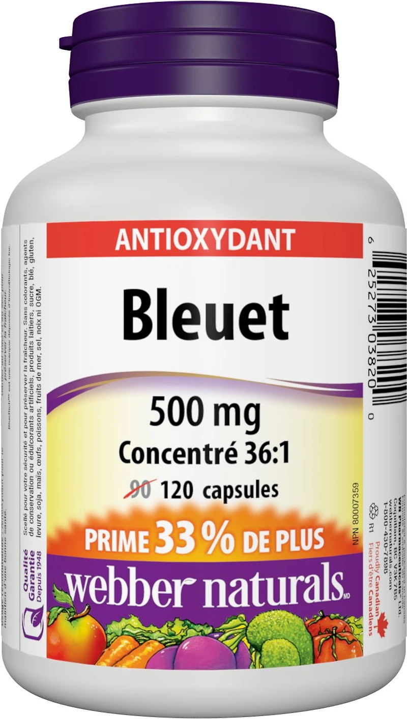 Webber Naturals® Blueberry 36:1 Concentrate, 500 mg, 90 + 30 Capsules, BONUS!