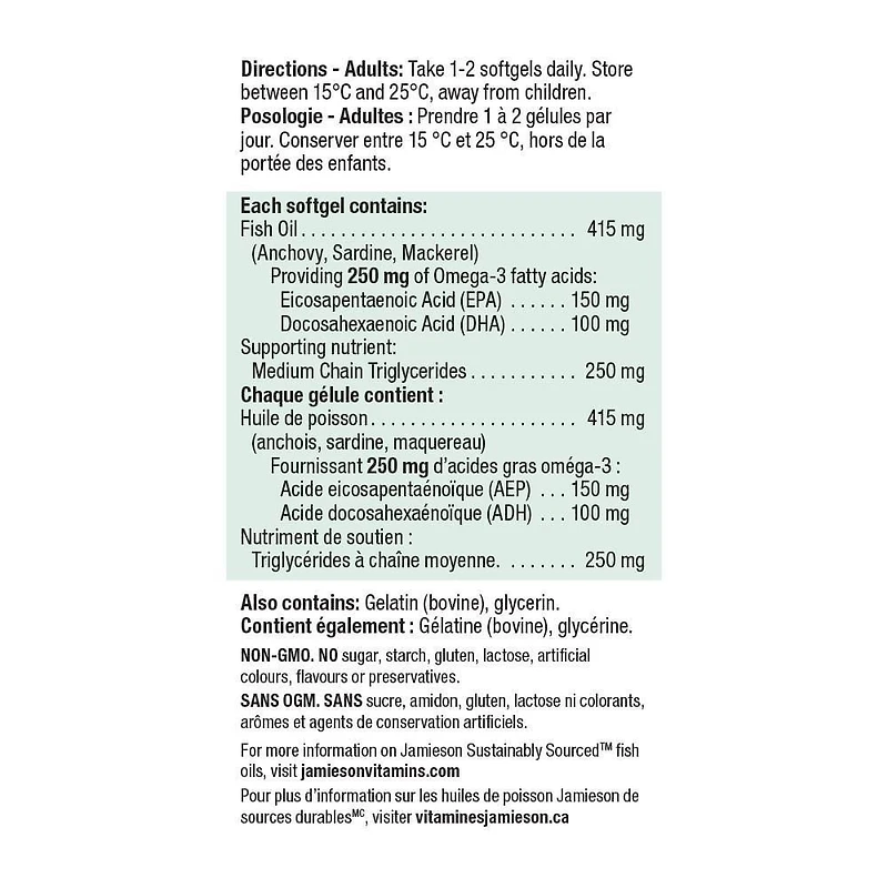 Jamieson Omega-3 Softgels with MCT Oil, 250 mg, 120 Count