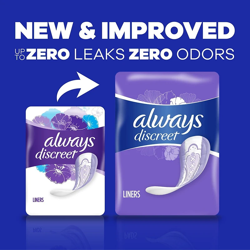 Always Discreet Incontinence Panty Liners for Bladder Leaks, 2 Size, Very Light Absorbency, Long Length