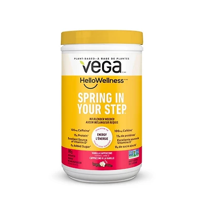 Vega Hello Wellness Spring in Your Step Poudre de protéine Cappuccino vanille, petit pot (14 portions) 390 g