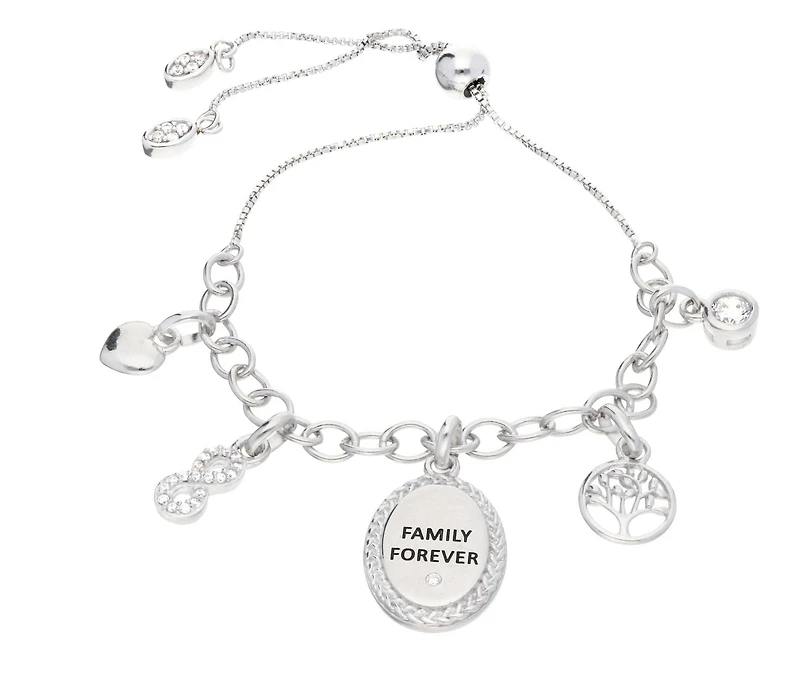 Quintessential Sterling Silver " Family Forever " Charm Bolo Bracelet