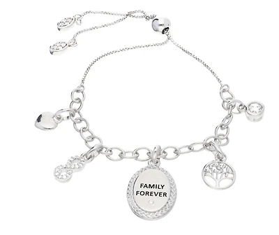 Quintessential Sterling Silver " Family Forever " Charm Bolo Bracelet