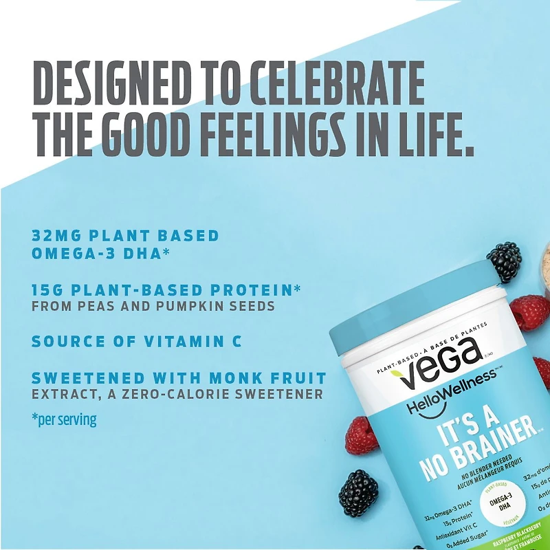 Vega Hello Wellness It's a No Brainer Poudre de protéine de framboise, petit pot (14 portions) 384 g