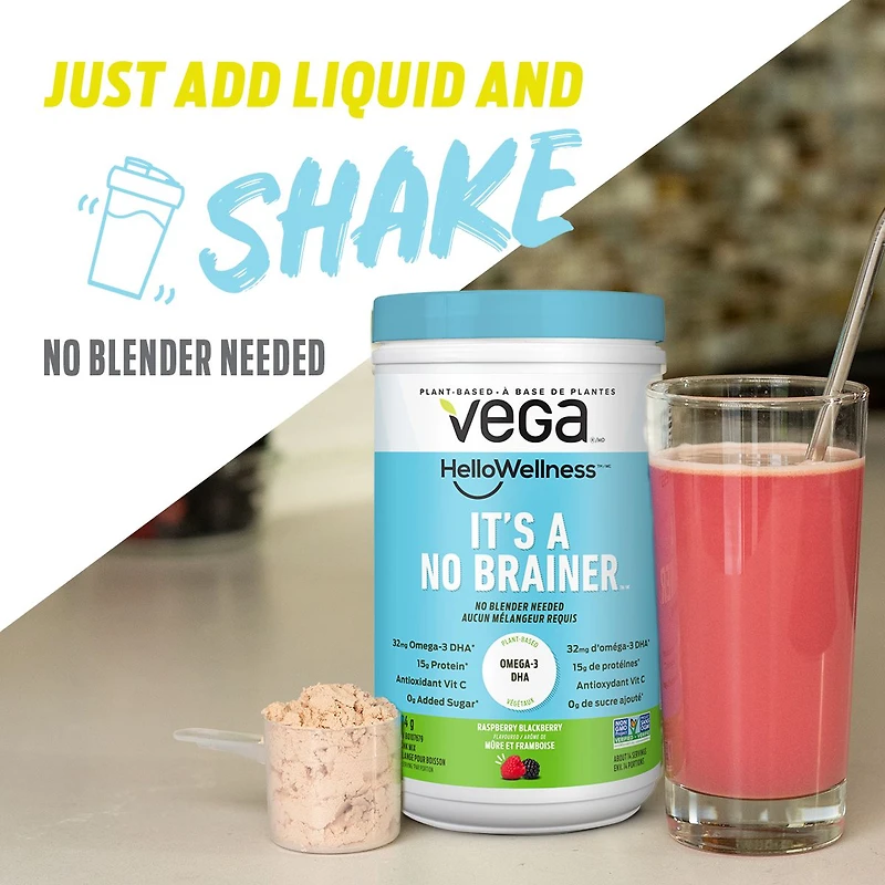 Vega Hello Wellness It's a No Brainer Poudre de protéine de framboise, petit pot (14 portions) 384 g