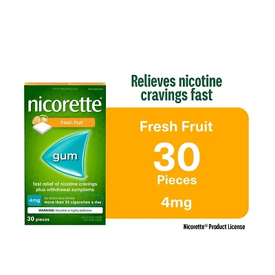 Nicorette Gomme à 4 mg de nicotine, saveur de fruit frais, aide antitabagique, aide pour cesser de fumer 30 morceaux