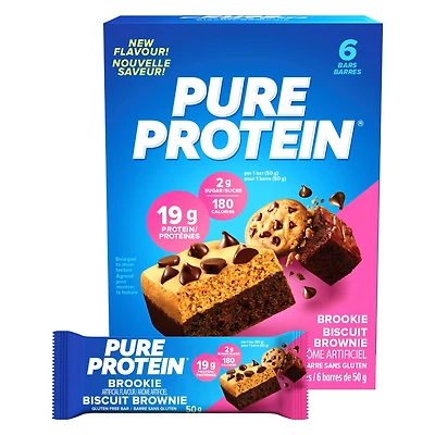 Barres Brookie de Pure Protein - En-cas haute protéine avec mélange de whey, faible en sucre, sans gluten, fabriqué au Canada, (6 x 50 g)