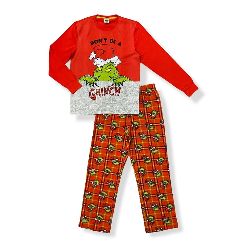 The Grinch Men's pyjama set. This pyjama set includes a long sleeve crew neck top and long pants with elastic band at the waist and