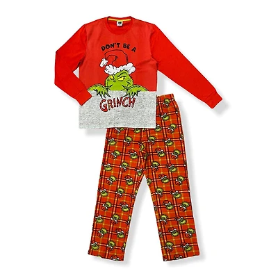 The Grinch Men's pyjama set. This pyjama set includes a long sleeve crew neck top and long pants with elastic band at the waist and
