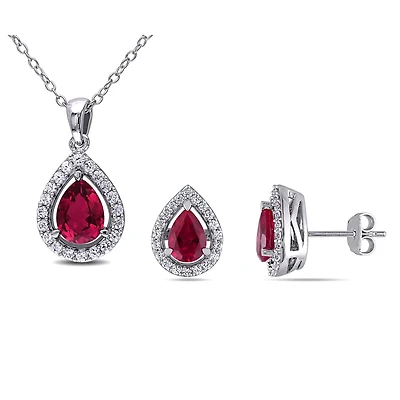 Ensemble de pendentif et de boucles d'oreille auréoles Tangelo de forme goute avec saphirs blancs et rubis synthétiques 4,88 CT PBT en argent sterling, 18 po