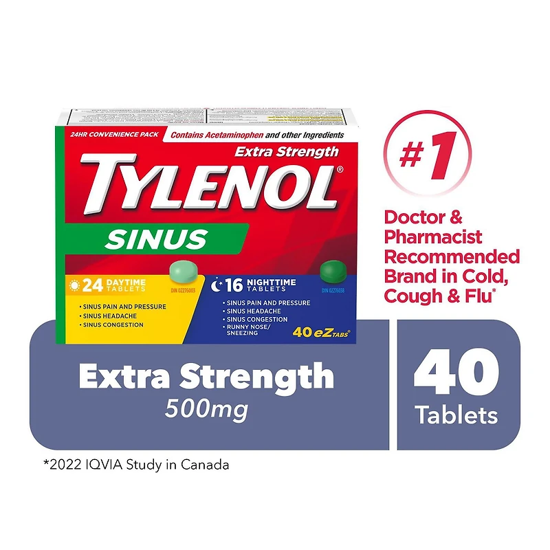 TYLENOL® Extra fort, Sinus, Duo pratique Jour-Nuit, soulage la congestion des sinus et autres symptômes sinusaux, 40 comprimés FaciliT 40 comprimés