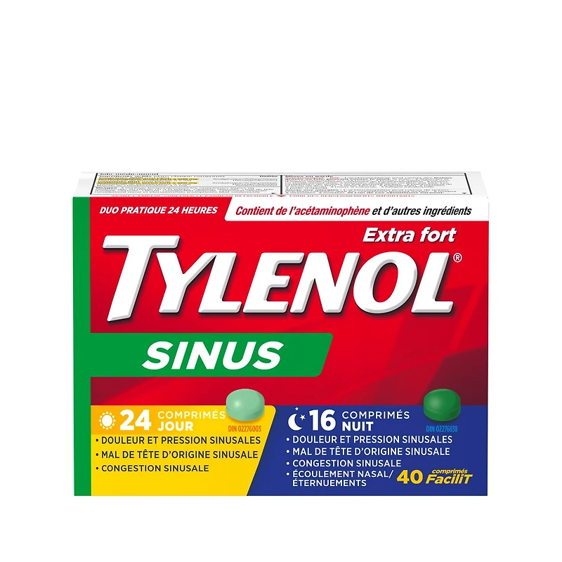 TYLENOL® Extra fort, Sinus, Duo pratique Jour-Nuit, soulage la congestion des sinus et autres symptômes sinusaux, 40 comprimés FaciliT 40 comprimés