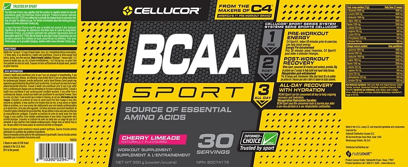 Cellucor BCAA Sport Hydration & Recovery Cherry Limeade 30 Servings, Cherry Limeade 30 Servings