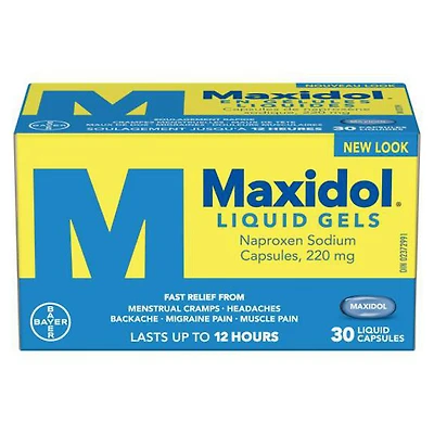 Maxidol Liquid Gels, Fast Relief of Pain such as Menstrual Cramps, Headaches, Backaches, Migraine Pain and Muscle Pain, 220mg Naproxen Sodium