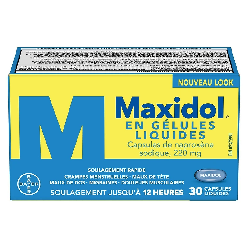 Maxidol en gélules liquides, offrant un soulagement rapide de la douleur, tels que les crampes menstruelles, les maux de tête, les maux de dos, les migraines et les douleurs musculaires, naproxène sodique à 220 mg
