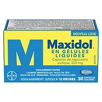 Maxidol en gélules liquides, offrant un soulagement rapide de la douleur, tels que les crampes menstruelles, les maux de tête, les maux de dos, les migraines et les douleurs musculaires, naproxène sodique à 220 mg