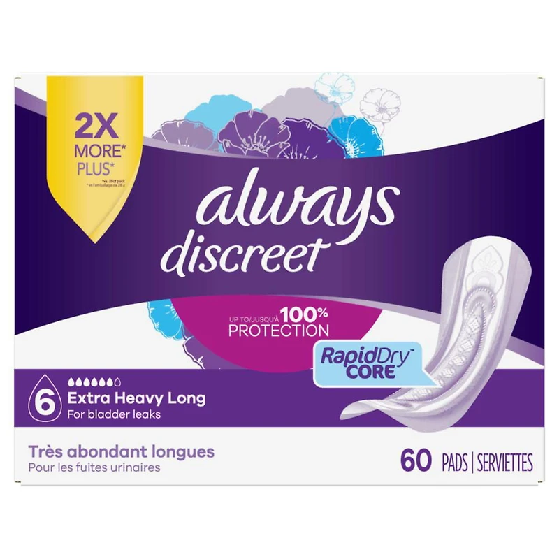 Serviettes d’incontinence et de post-partum Always Discreet, longues, degré d’absorption très abondant, pour femmes, 60serviettes