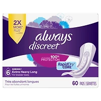 Serviettes d’incontinence et de post-partum Always Discreet, longues, degré d’absorption très abondant, pour femmes, 60serviettes