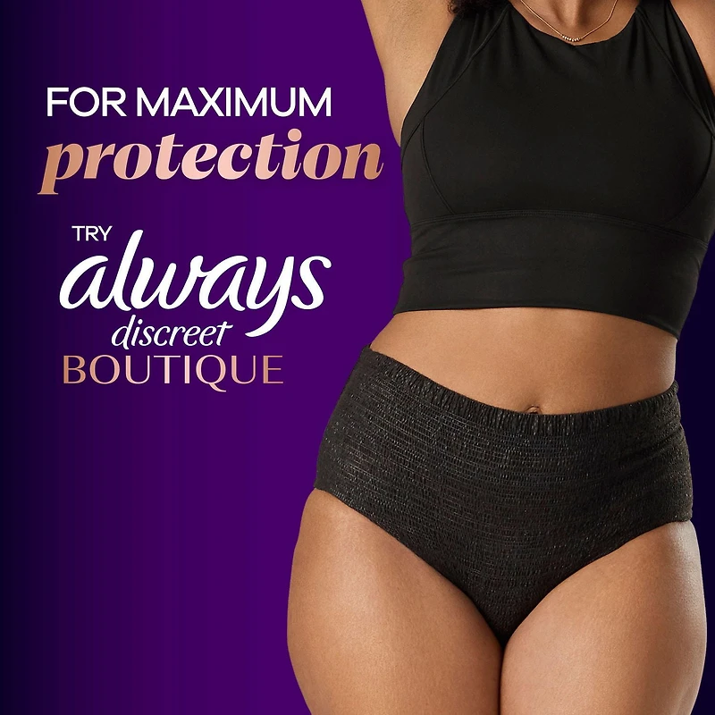 Serviettes d’incontinence et de post-partum Always Discreet, longues, degré d’absorption très abondant, pour femmes, 60serviettes