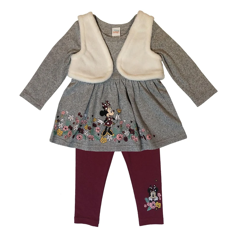 Disney Girls Minnie Mouse 3 pc Legging Set with plush Vest