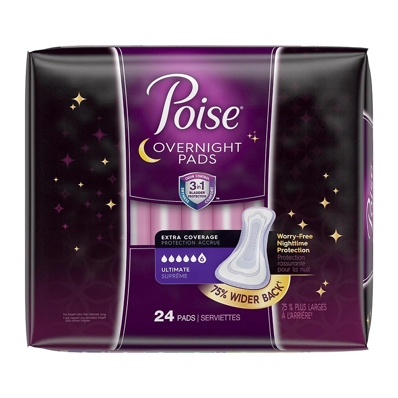 Serviettes de nuit pour incontinence Poise, absorption suprême, protection accrue, 24 serviettes